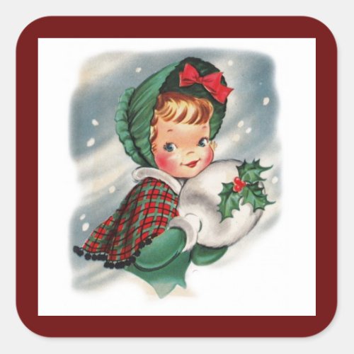 Vintage Christmas Girl Holding Holly Square Sticker