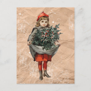Vintage Christmas Girl & Holly Berries Distressed Holiday Postcard