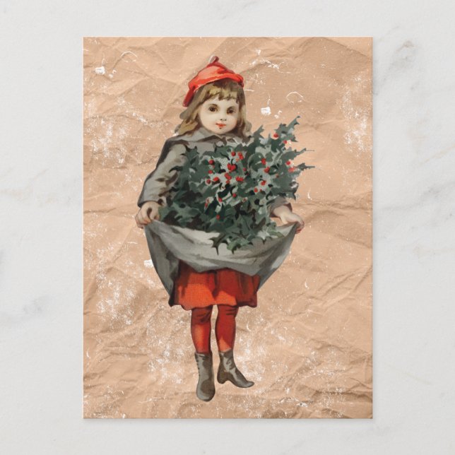 Vintage Christmas Girl & Holly Berries Distressed  Holiday Postcard (Front)
