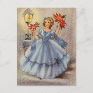 Vintage Christmas Girl In Blue Dress Holiday Postcard