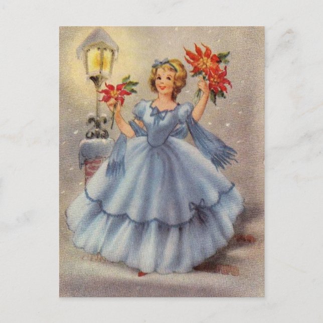 Vintage Christmas Girl In Blue Dress Holiday Postcard (Front)