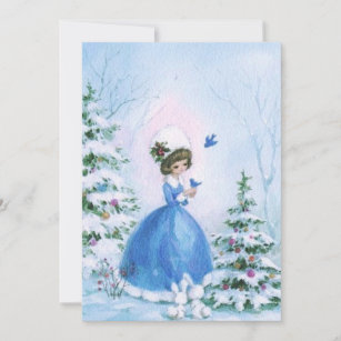 Vintage Christmas Girl In Blue Dress In The Snow Holiday Card