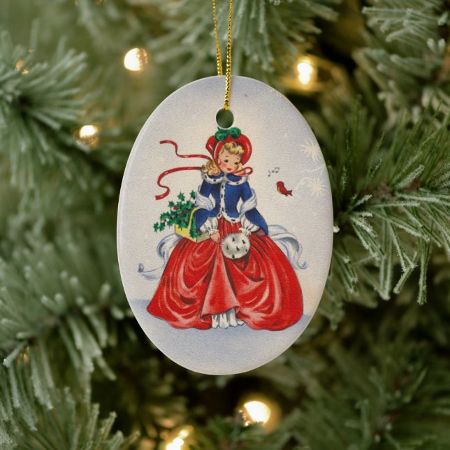 Vintage Christmas Girl In Dress Ceramic Ornament (Tree)