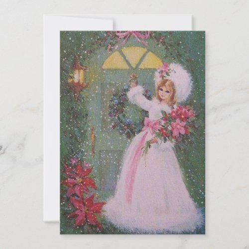 Vintage Christmas Girl In Pink Dress With Bouquet Holiday Card