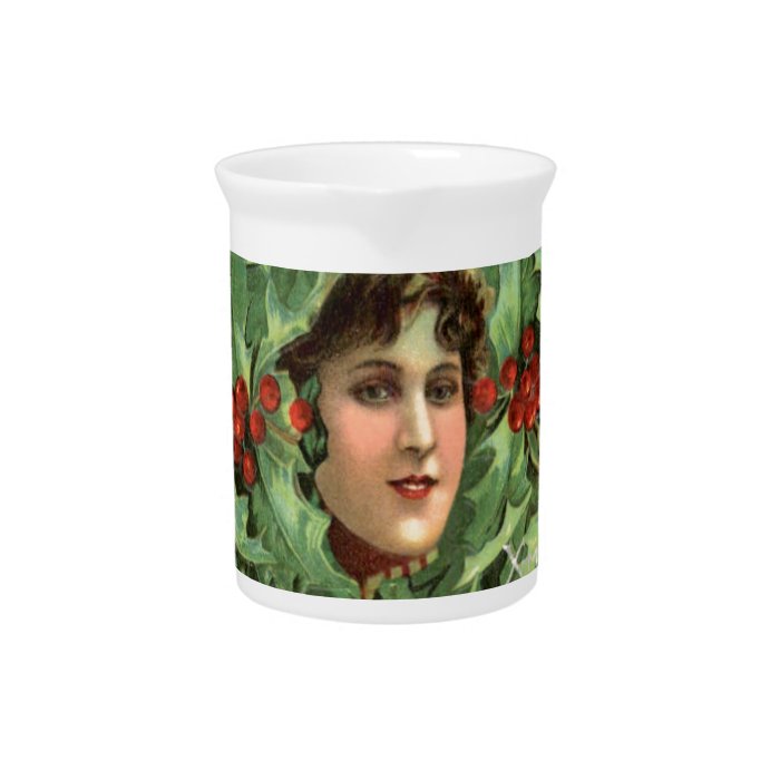 Vintage Christmas, girl in the holly Beverage Pitchers