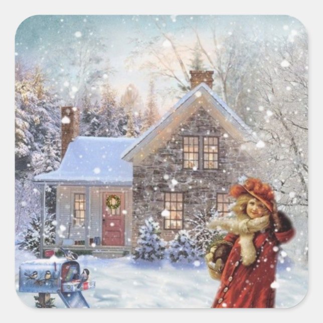 Vintage Christmas Girl In the Snow Square Sticker (Front)