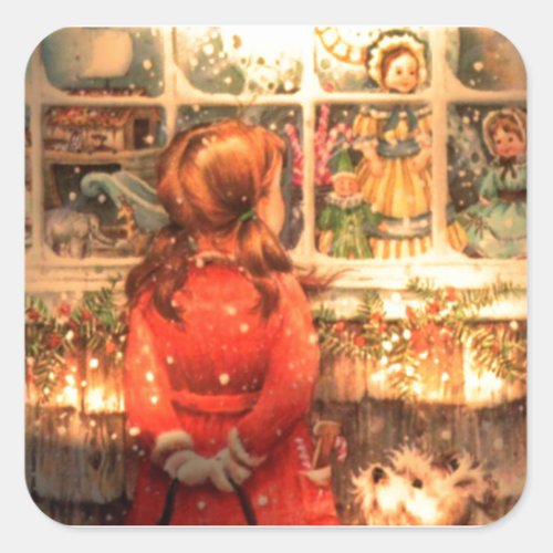 Vintage Christmas Girl Looking In Window Square Sticker