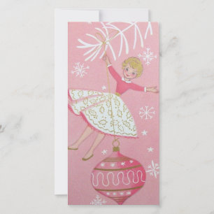 Vintage Christmas Girl Ornament On Tree Holiday Card