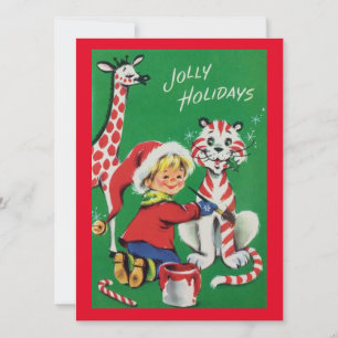 Vintage Christmas Girl Painting Zoo Animals Holiday Card