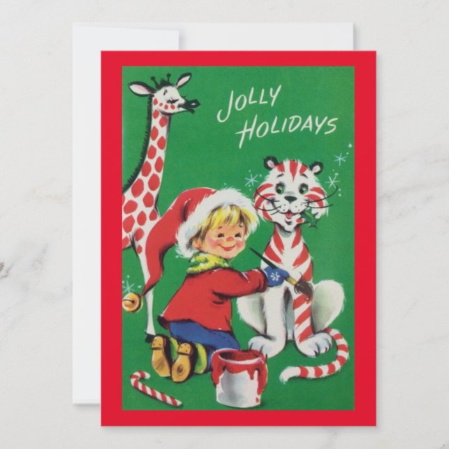 Vintage Christmas Girl Painting Zoo Animals Holiday Card (Front)