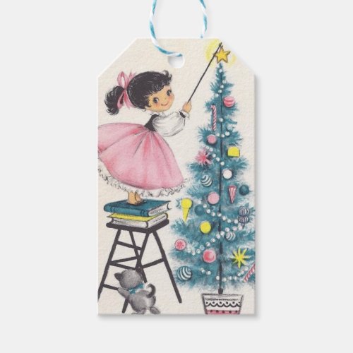 Vintage Christmas Girl Putting Star On Tree Gift Tags