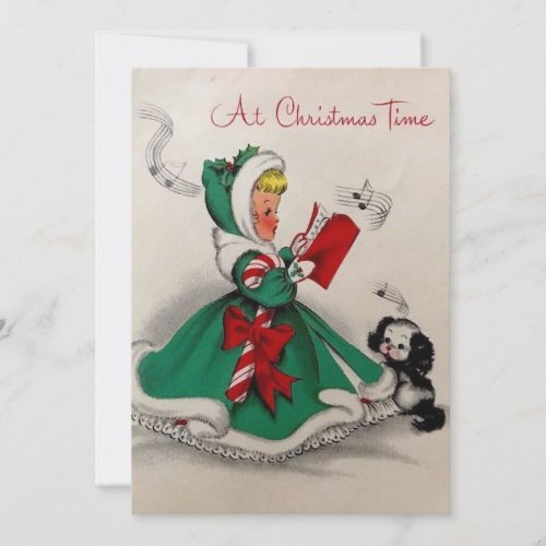 Vintage Christmas Girl Singing Holiday Card