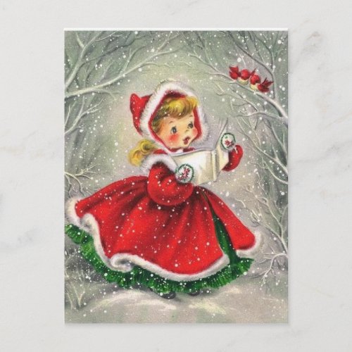 Vintage Christmas Girl Singing To Birds Holiday Postcard
