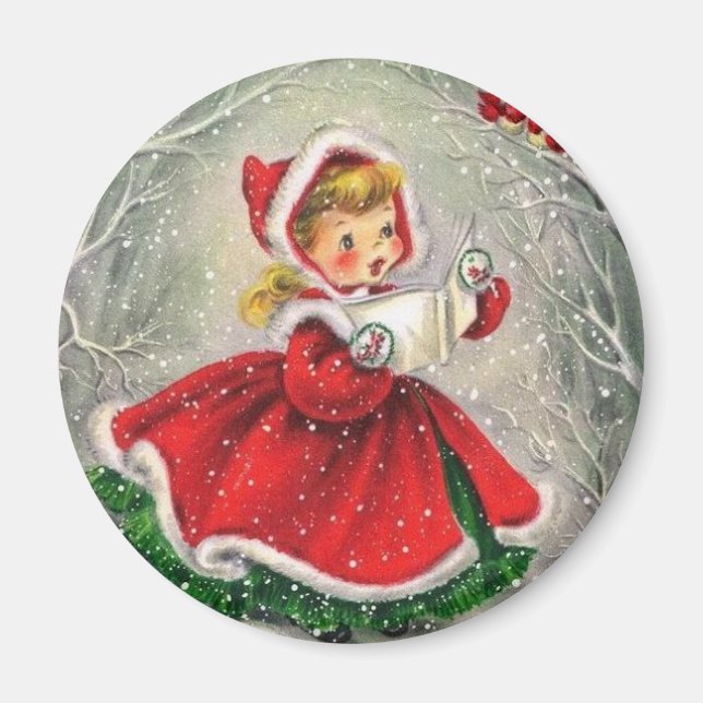 Vintage Christmas Girl Singing To Birds Magnet (Front)