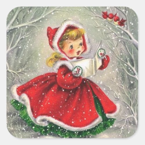 Vintage Christmas Girl Singing To Birds Square Sticker