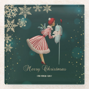 Vintage Christmas Girl, Snowflakes Glass Coaster
