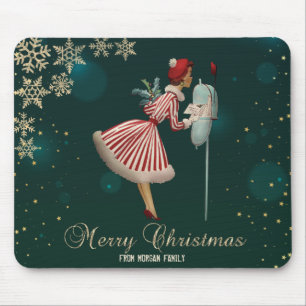 Vintage Christmas Girl, Snowflakes Mouse Pad