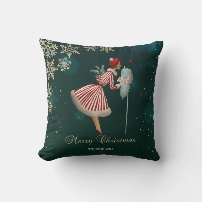 Vintage Christmas Girl, Snowflakes  Throw Pillow (Front)
