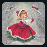 Vintage Christmas Girl  Square Sticker<br><div class="desc">Vintage Christmas Girl in red dress in winter forest with redbirds singing Christmas carols.</div>