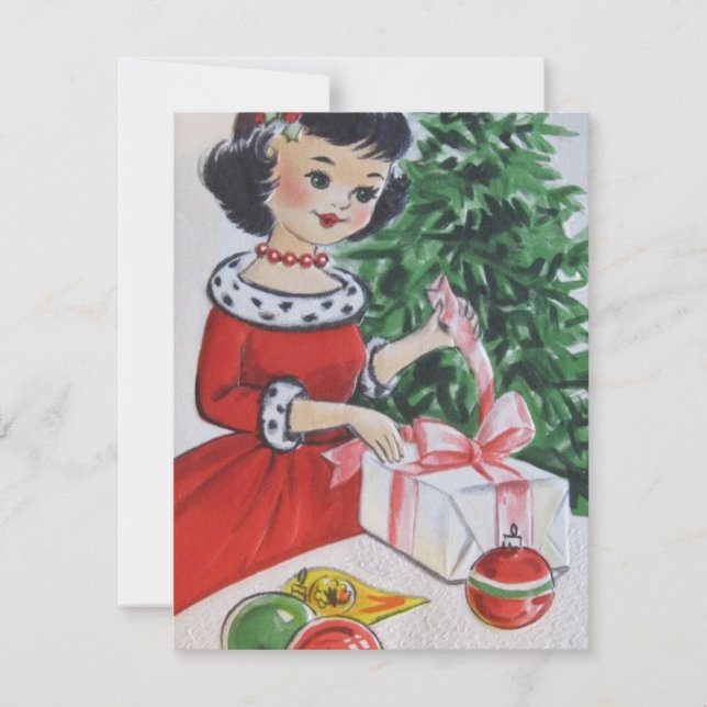 Vintage Christmas Girl Unwrapping Present Holiday Card (Front)