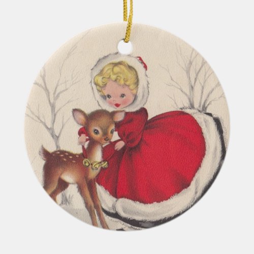 Vintage Christmas Girl With Baby Deer Tree Ceramic Ornament