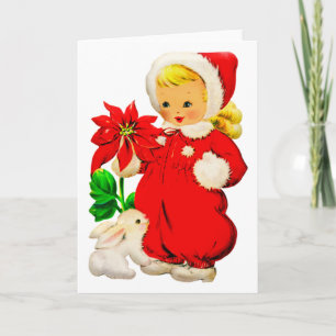 Vintage Christmas Girl With Bunny Card