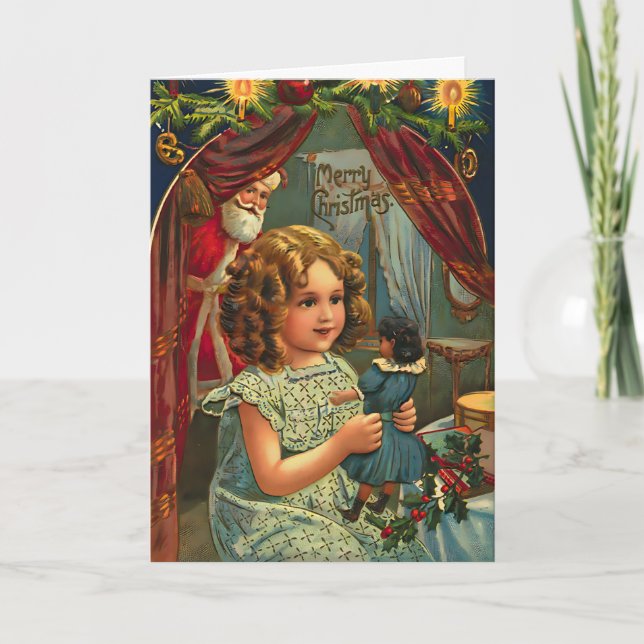 Vintage Christmas Girl with Doll Custom Message Card (Front)