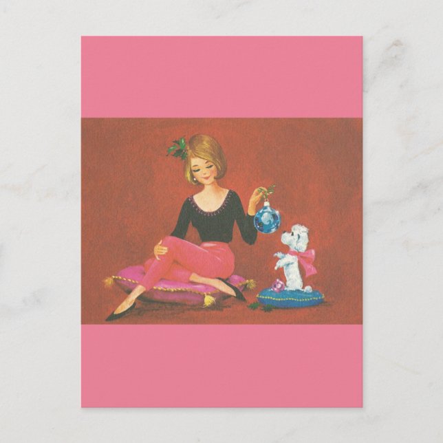 Vintage Christmas Girl With French Poodle Holiday Postcard (Front)
