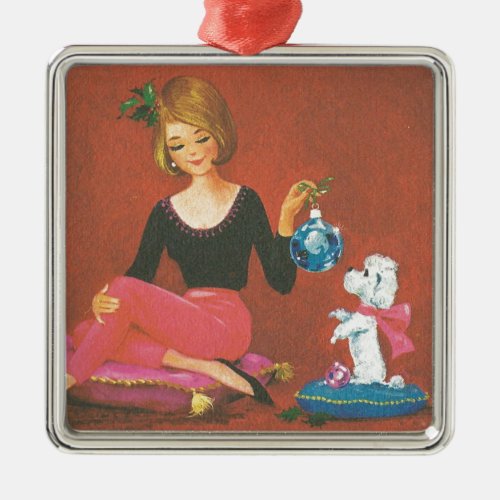 Vintage Christmas Girl With French Poodle Metal Ornament