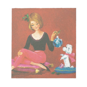 Vintage Christmas Girl With French Poodle Notepad