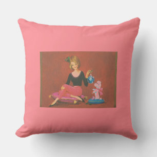 Vintage Christmas Girl With French Poodle Throw Pillow