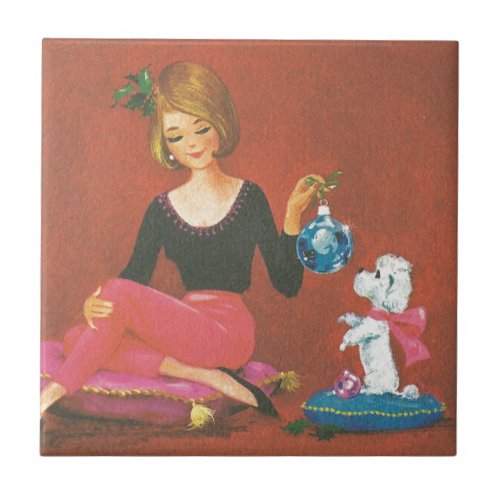 Vintage Christmas Girl With French Poodle Tile