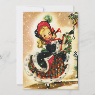 Vintage Christmas Girl With Gifts Holiday Card