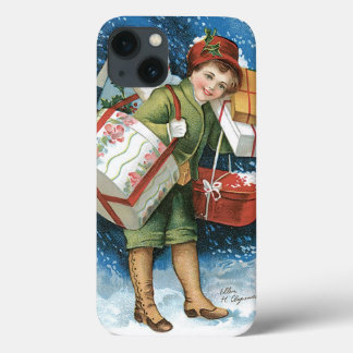 Vintage Christmas, Girl with Gifts in Winter Snow iPhone 13 Case