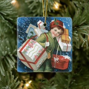 Vintage Christmas, Girl with Gifts in Winter Snow Ceramic Ornament