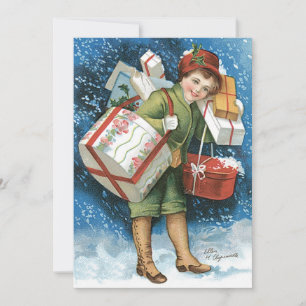 Vintage Christmas, Girl with Gifts in Winter Snow Invitation