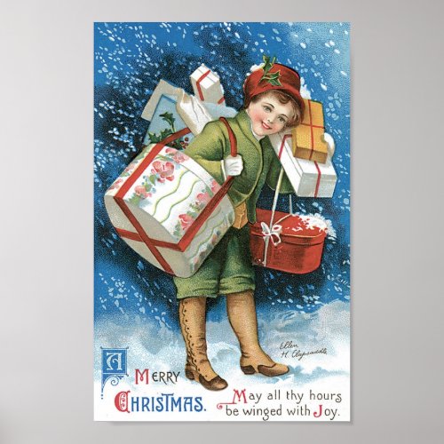 Vintage Christmas Girl with Gifts in Winter Snow Poster