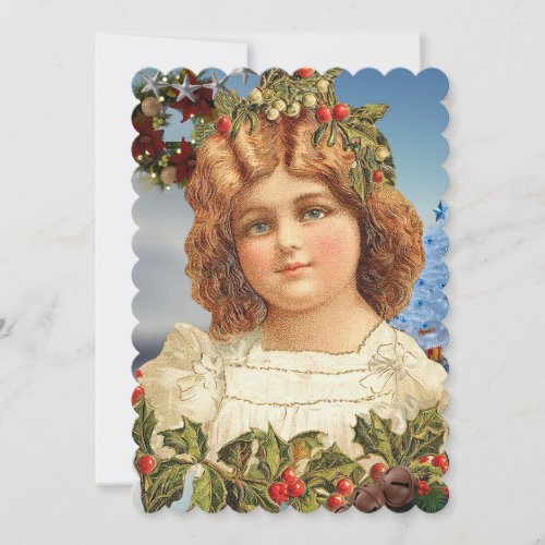 Vintage Christmas Girl With Holly Berries And Snow Holiday Card