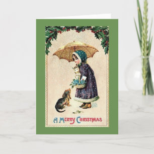 Vintage Christmas - Girl with Kitten & Puppy, Holiday Card