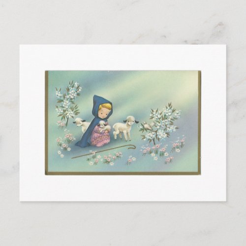 Vintage Christmas Girl With Lamb Holiday Postcard