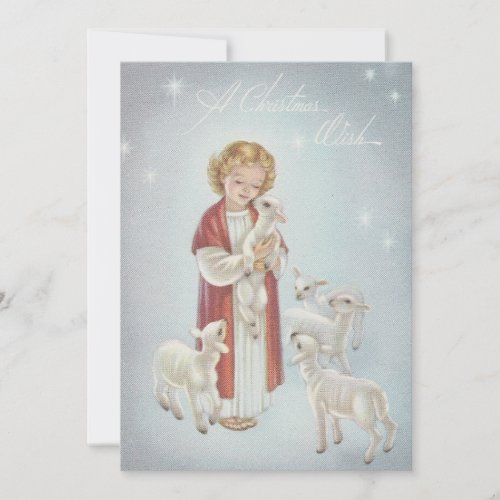 Vintage Christmas Girl With Lambs Holiday Card