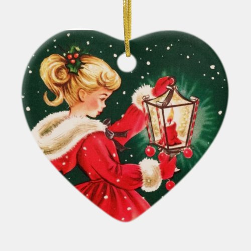 Vintage Christmas Girl With Lantern Ceramic Ornament