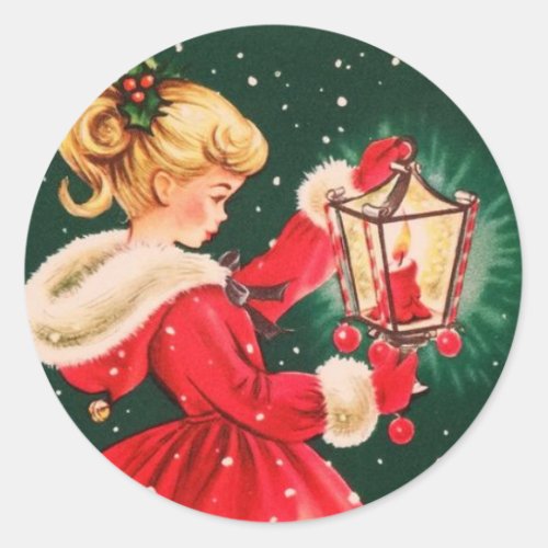 Vintage Christmas Girl With Lantern Classic Round Sticker