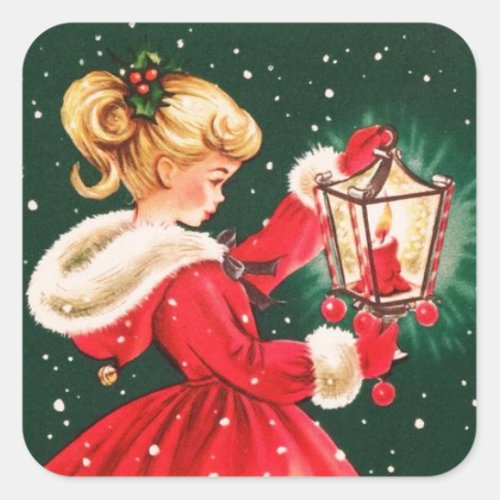 Vintage Christmas Girl With Lantern Square Sticker