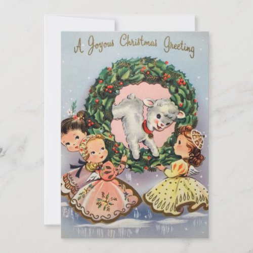 Vintage Christmas Girls With Lamb Holiday Card