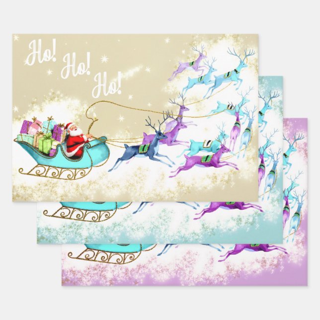 Vintage Christmas Glittering Pastel Reindeer Wrapping Paper Sheets (Set)