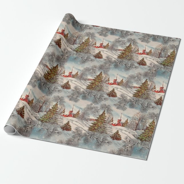 Vintage Christmas Glittering Winter Village  Wrapping Paper (Unrolled)
