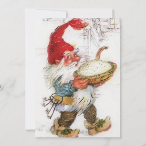 Vintage Christmas Gnome Carrying Food Bowl Holiday Card