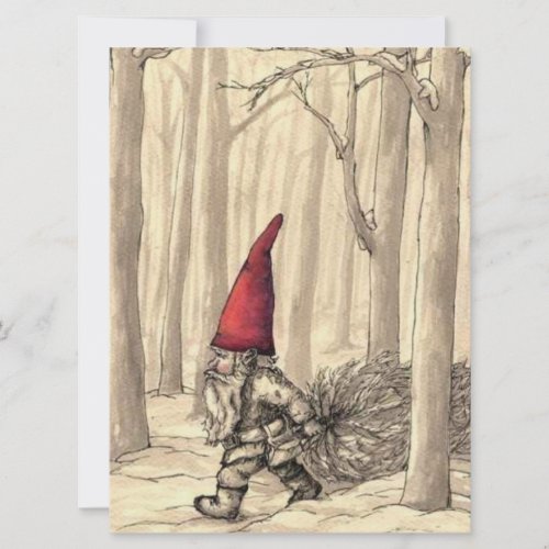 Vintage Christmas Gnome Cutting Christmas Tree Holiday Card