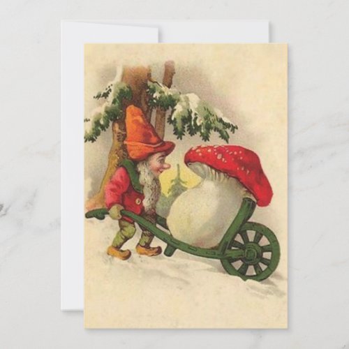 Vintage Christmas Gnome Hauling a Mushroom Holiday Card